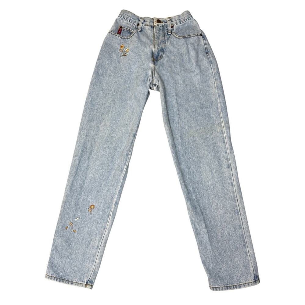 Vintage LEI Junior Womens Size 5 High Waist Light Wash Floral Embroidered Jeans